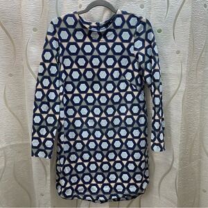 H&M Geometric Hexagon Print Shift Dress Womens Small Blue Long Sleeve‎ Cotton EX